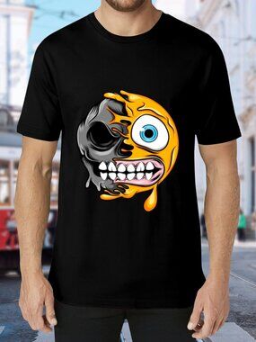 Black Short Sleeve Graphic Tee with Yellow & Gray Melted Emoticon
